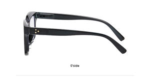 Detailed side view of black frame reading glasses with three gold rivets and spring hinge