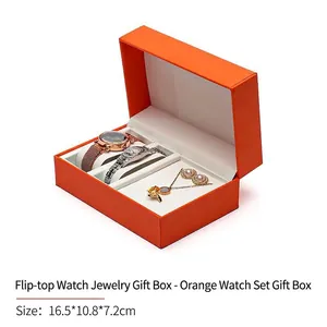 Detail view of orange premium PU leather watch and jewelry gift box with three slots