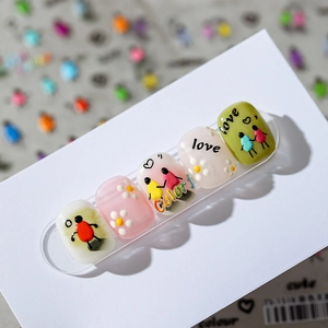Cartoon nail stickers featuring floral relief and colorful characters in five-piece set