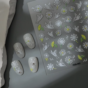 Close-up of 5D dandelion nail decals and butterfly stickers on grey matte nails