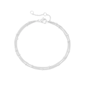 Minimalist double-layer silver beaded chain bracelet in polished stainless steel