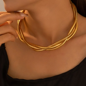 Golden multi-strand snake chain collar necklace in 18k gold plated stainless steel