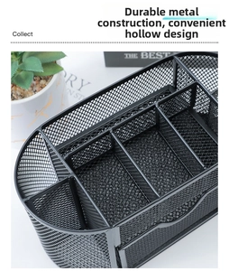 Macro detail of 9-compartment black mesh desk organizer with sliding drawer