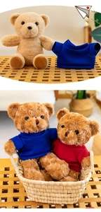Detailopname van bruine teddyberen met blauwe en rode shirts in een mand