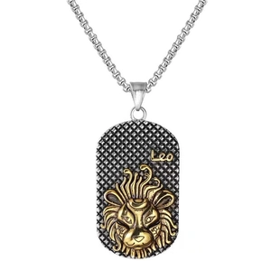 Vintage two-tone titanium steel Leo zodiac pendant necklace with silver chain on white background