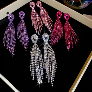 Sparkling Rhinestone Long Tassel Drop Earrings With 925 Sterling Silver Earring Post Elegant Party Jewelry For Women