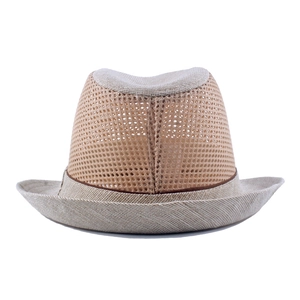 Detail of breathable hollow mesh material and decorative band on summer fedora hat