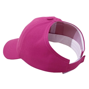 Detail of rose red open top sun hat with adjustable velcro strap and sweatband