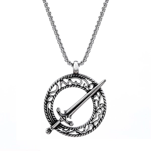 Gothic stainless steel necklace featuring a vintage round shield and long sword pendant