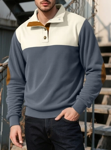 Detail of men's two-tone polo shirt with corduroy texture and brown faux suede elbow patches