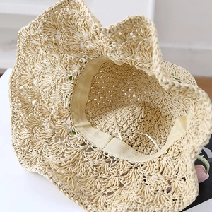 Handmade crochet wide-brim straw hat with pineapple pattern and adjustable inner band