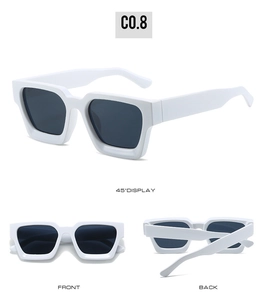 Square white sunglasses with dark grey lenses shown from front, side, and back angles