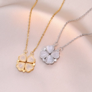 Retro Lucky Clover Pendant Necklace Titanium Steel With Heart Shape Cat Eye Stone Inlaid Rhinestone For Women