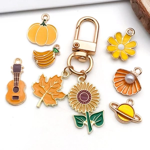 Enamel flower and leaf charms set with golden keychain for DIY jewelry making accessories