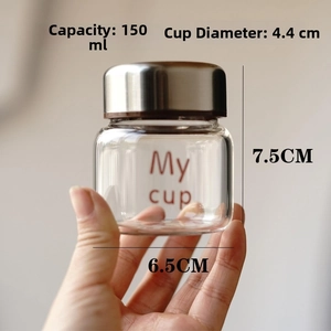 Detail view of 150ml borosilicate glass jar with My Cup print and metal lid dimensions