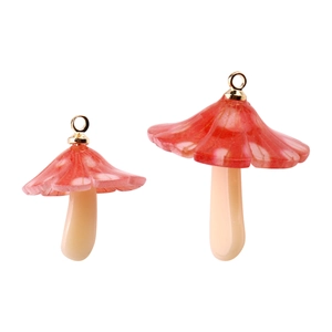 Pair of creative red acrylic mushroom charms with gold rings for DIY jewelry making
