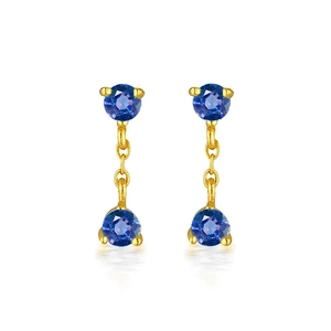 Elegant gold drop earrings with royal blue zircons and long link chain detail