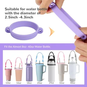 Purple silicone cup holder strap size guide showing 2.5-4.3 inch diameter compatibility