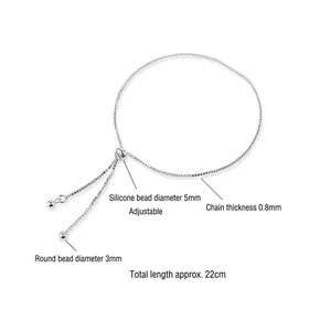 Adjustable 925 silver box chain with silicone slider bead and smooth round ends
