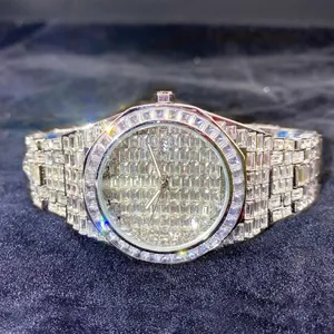 Luxury silver square diamond watch for men with full iced-out strap and luminous dial