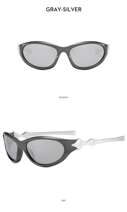 Front and side view of Y2K gray-silver wraparound sunglasses with metallic finish details