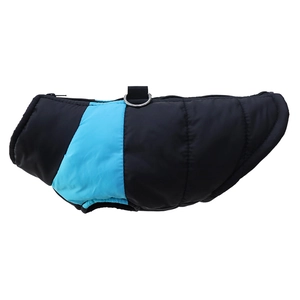 Detail view of quilted waterproof dog jacket with top zipper and D-ring harness attachment