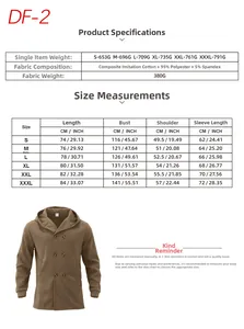 Detailed size chart showing measurements in centimeters and inches for hooded trench coats