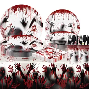 Halloween bloody handprint party tableware set with paper plates cups and tablecloth