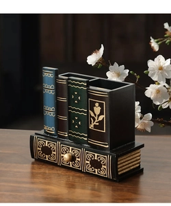 Organisateur en forme de livre vintage avec tiroir et motifs floraux dorés élégants