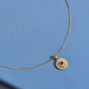 Elegant 18k gold plated sterling silver necklace with ruby pendant and micro pavé diamonds
