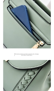 Détail du sac en cuir vert clair avec poche zippée et bordure tissée artisanale de luxe