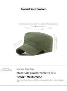 Size chart showing adjustable 55-60cm circumference for this cotton flat top military cap