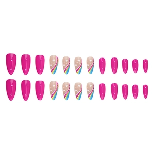 Pink almond press-on nails set with heart and colorful doodle patterns, 24 pieces pack