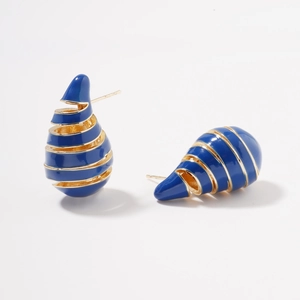 Elegant spiral teardrop stud earrings in dark blue enamel and gold finish on white background