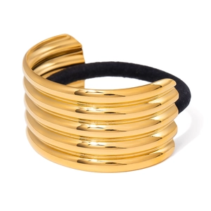Modern 18k gold layered metal hair cuff with black elastic tie shown on white background