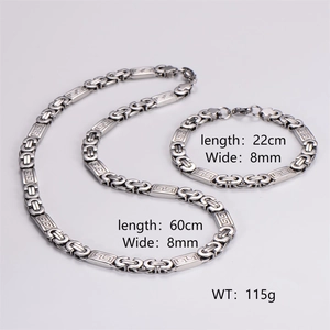 Detail of interlocking Greek pattern link chain set with necklace and bracelet sizes