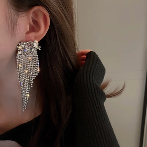 Detailed view of silver waterfall tassel earrings with rhinestones on a female model