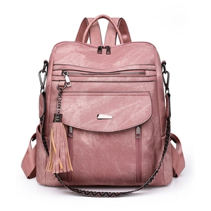 Zaino da donna in pelle PU rosa antico con tasche multiple e dettaglio di nappe moda
