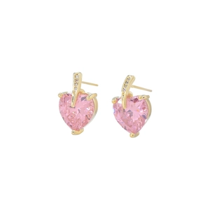 Pink heart-shaped stud earrings with gold metal setting and small crystal accents