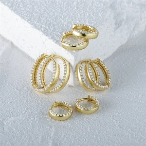 Detailed set of four gold-plated S925 sterling silver hoop earrings with double row zircon