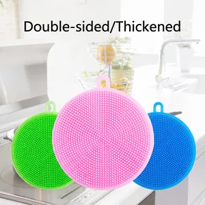 Multifunctional thick silicone dish brushes in pink, green, and blue with hanging holes