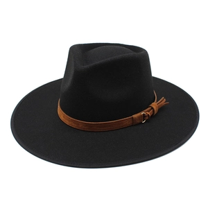 Classic black felt fedora hat with brown decorative band and gold buckle on white background