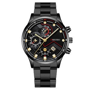 Reloj de negocios para hombre en acero inoxidable negro con cronógrafo y calendario