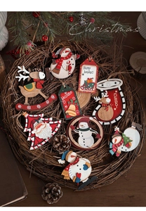 Detail view of retro wooden Christmas ornaments with snowman and reindeer on a wreath