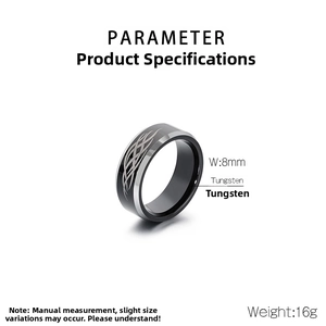 Detail of 8mm tungsten ring featuring black and silver wave pattern and 16g weight