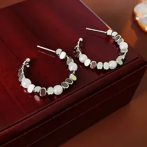C Shaped Hoop Earrings With Imitation Artificial Pearls And Copper Metal Beads Elegant Fashion Silver Earring Post For Women