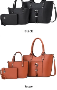Detailed set of three large capacity tote bags in black and tan colors with tassels