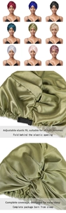 Detail view of double-layer satin sleep caps featuring adjustable elastic bands in nine colors