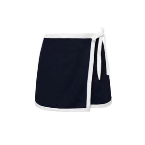 Detail of navy wrap skirt featuring white contrast piping and a side tie closure