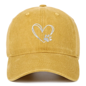 Detailed embroidery of twin hearts and paw print on yellow washed cotton baseball cap